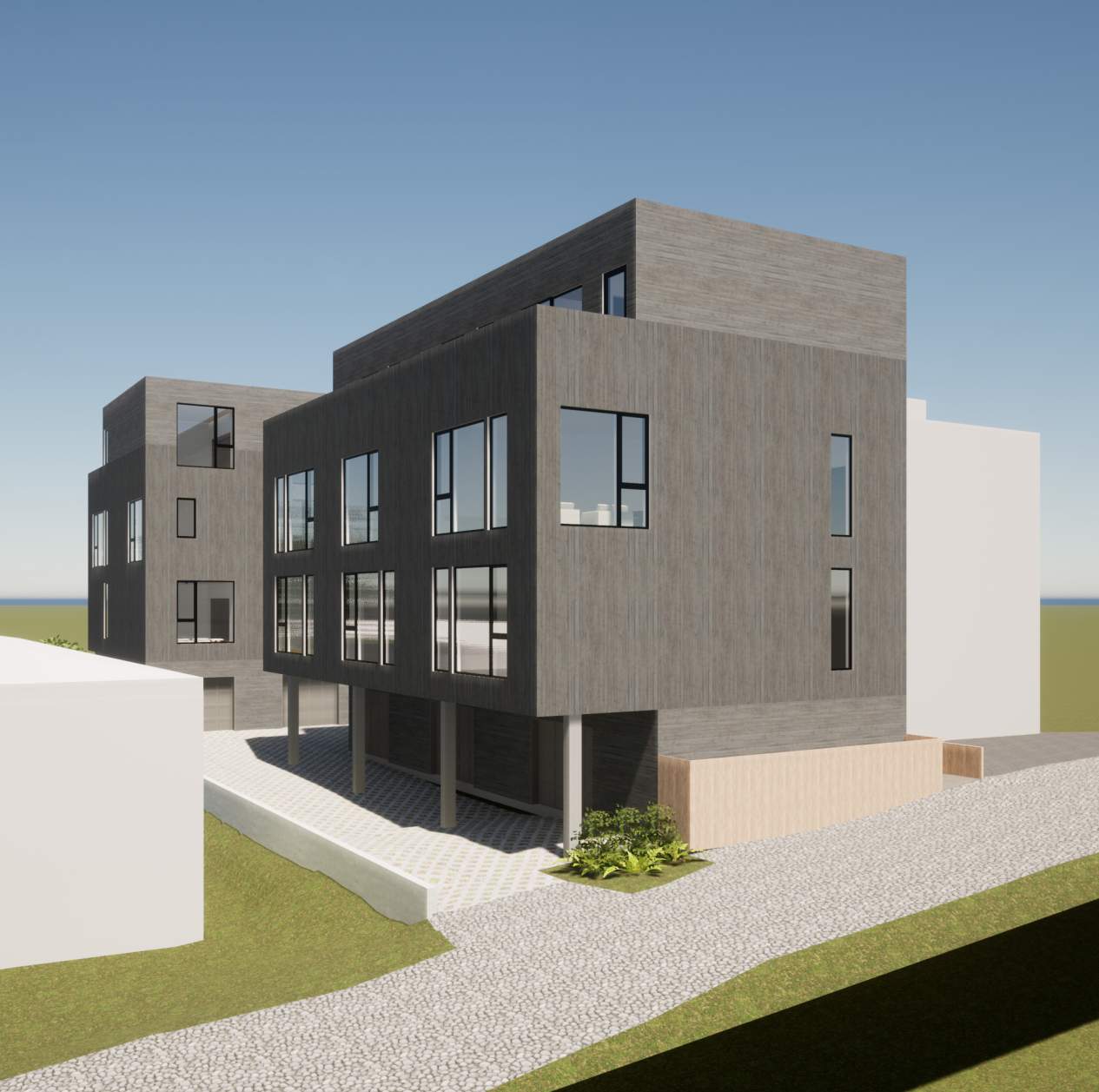 Rendering from the alley showing townhome structure with covered garage entries.