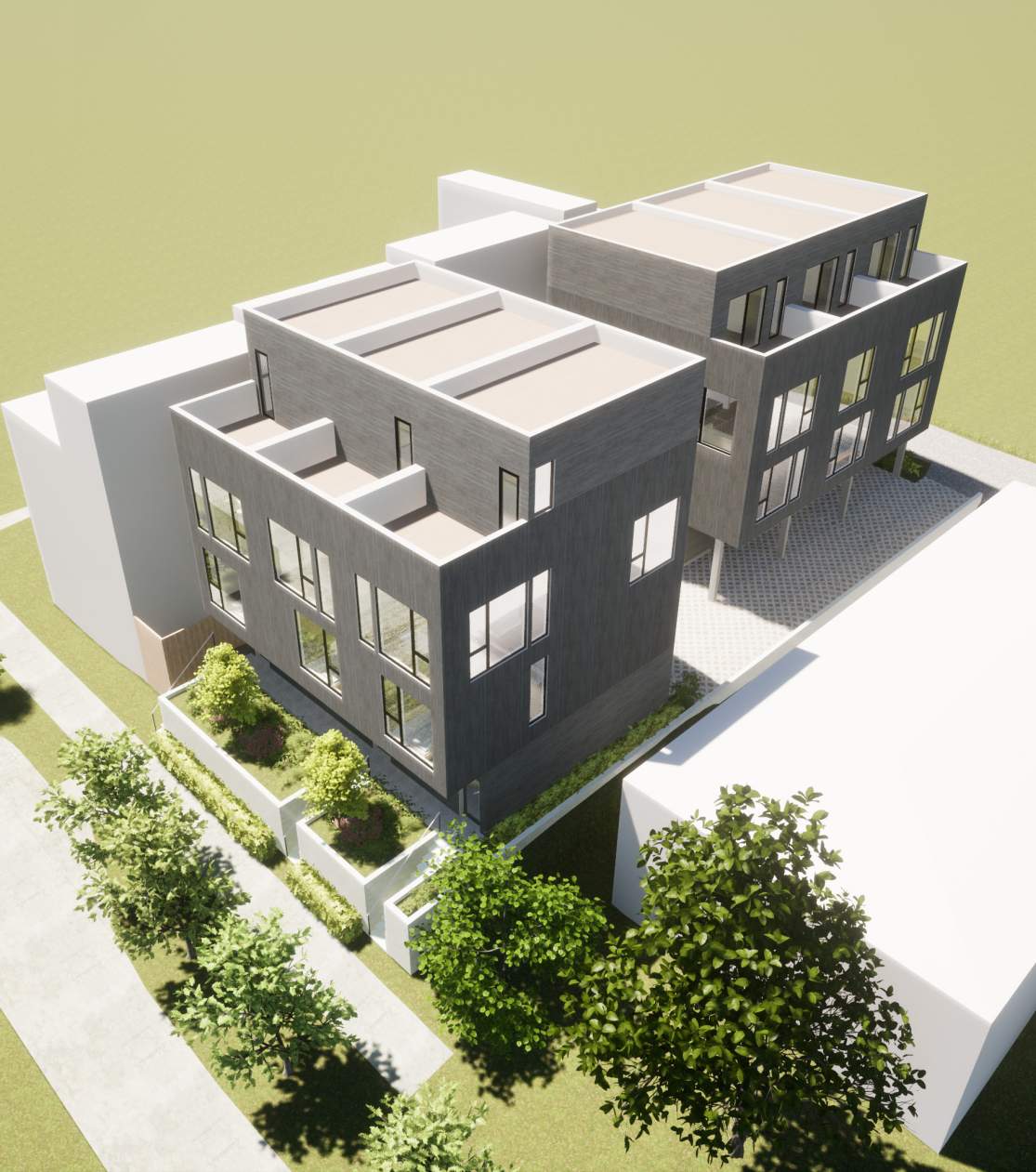 Aerial rendering showing both structures and the shared woonerf courtyard.