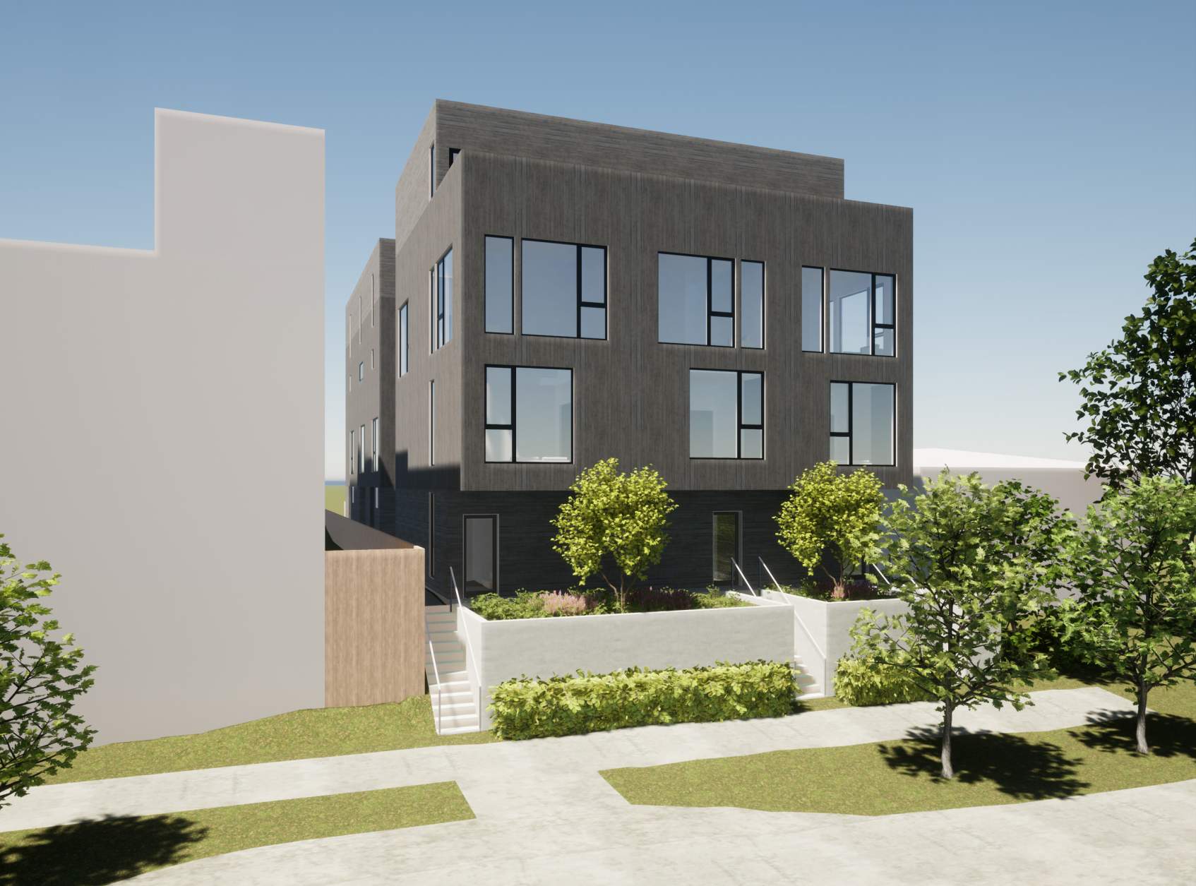 High-quality exterior rendering — Claremont Ave frontage with warm wood cladding and large windows.